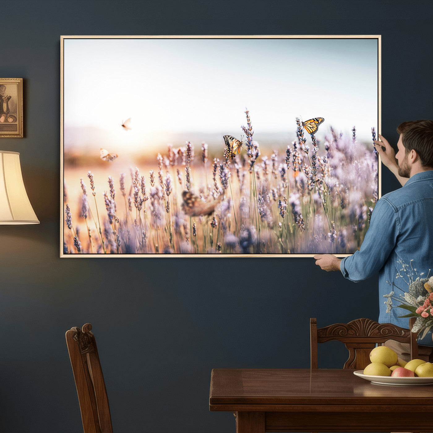 46417478-MGV-CV-36X24 - Lavender Field Wall Art Canvas Print, Butterfly Floral Landscape Art, Soft Nature Wall Decor for Bedroom