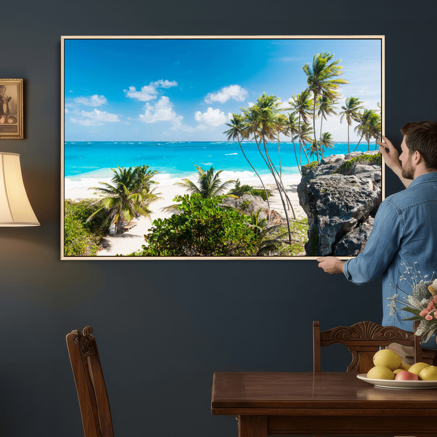 98605610-MGV-CV-36X24 - Tropical Beach Wall Art Canvas Print, Palm Tree Ocean Landscape Photography, Caribbean Coastal Artwork