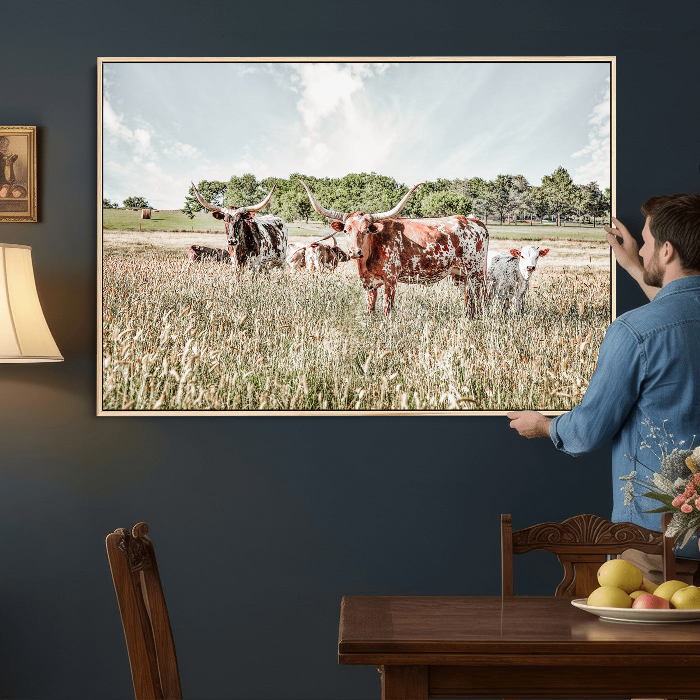 21823552-MGV-CV-36X24 - Texas Longhorn Cattle Wall Art Canvas Print, Rustic Ranch Landscape Artwork, Western Farm Field Scene, Country Prairie Animal Canvas Wall Art