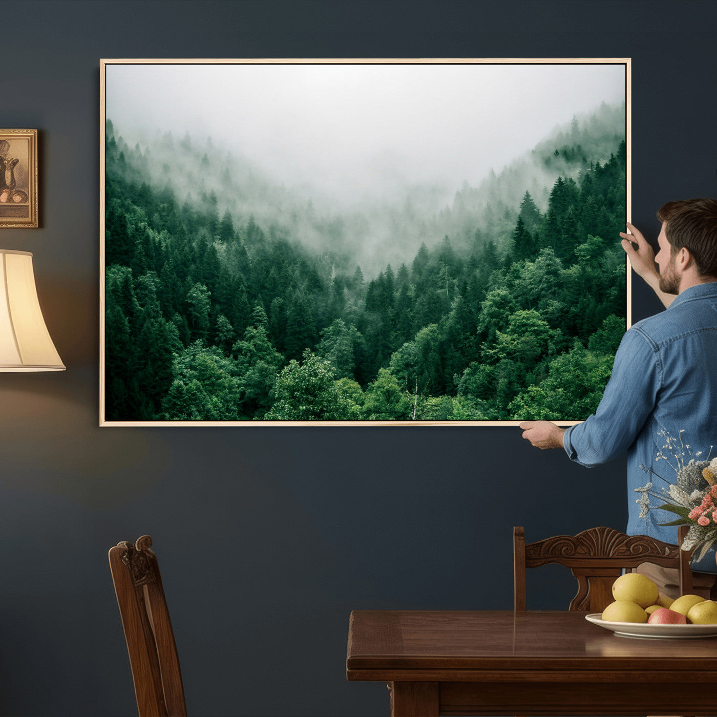 61640815-MGV-CV-36X24 - Misty Pine Forest Wall Art Canvas Print, Foggy Evergreen Landscape Wall Decor, Moody Green Nature Artwork, Minimal Forest Canvas Wall Art, Framed Canvas Wall Art Ready to Hang