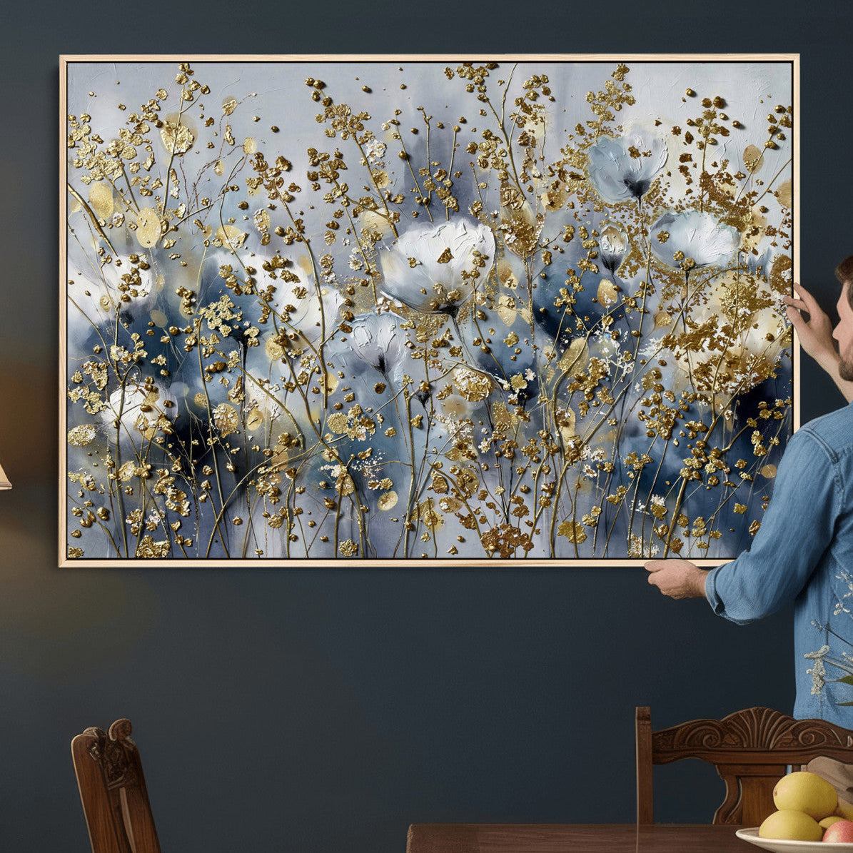 24499670-MGV-CV-36X24 - Abstract Floral Wall Art Canvas Print – Gold and Blue Botanical Artwork for Living Room, Bedroom, and Office Decor