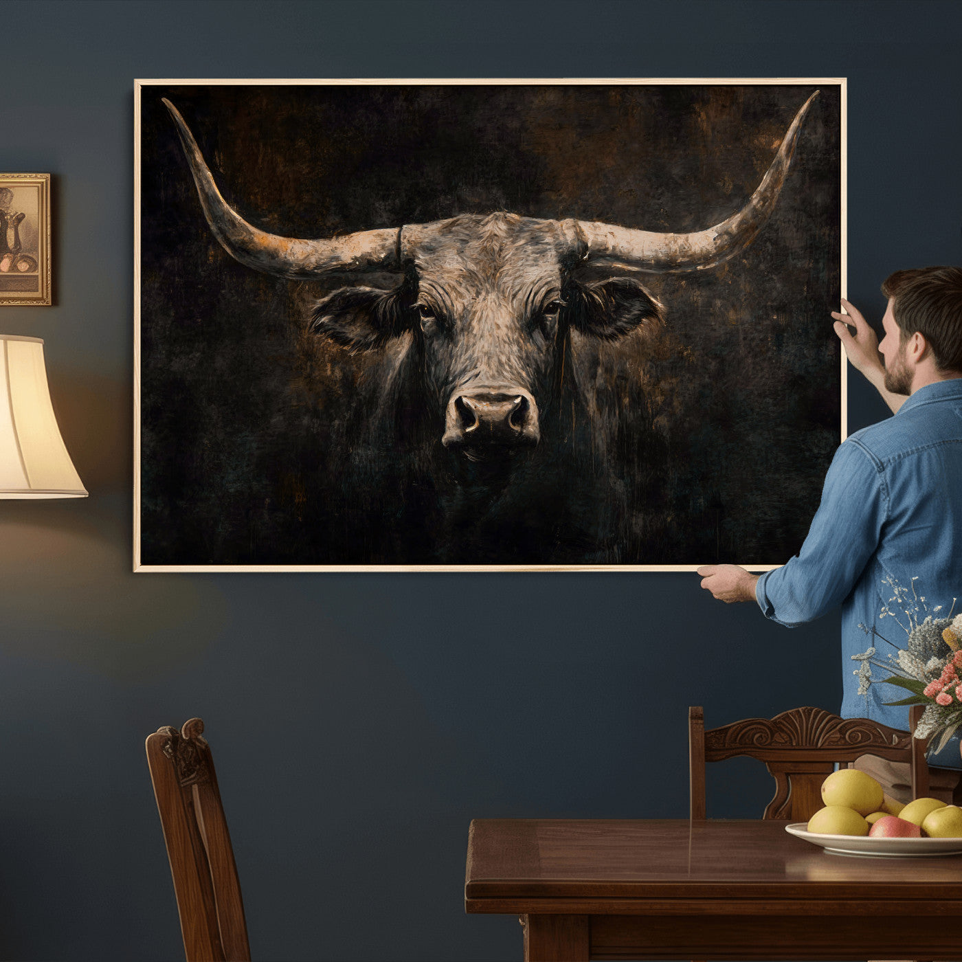 15731200-MGV-CV-36X24 - Vintage Longhorn Bull Wall Art Canvas Print – Rustic Western Cattle Artwork for Farmhouse, Ranch, Cabin, and Office Decor