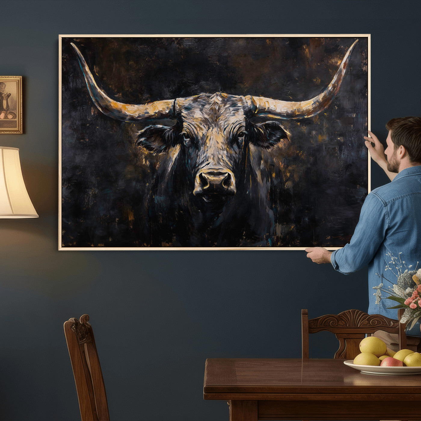 17622011-MGV-CV-36X24 - Abstract Longhorn Bull Wall Art Canvas Print – Dark Rustic Western Cattle Artwork for Farmhouse, Ranch, Cabin, and Office Decor