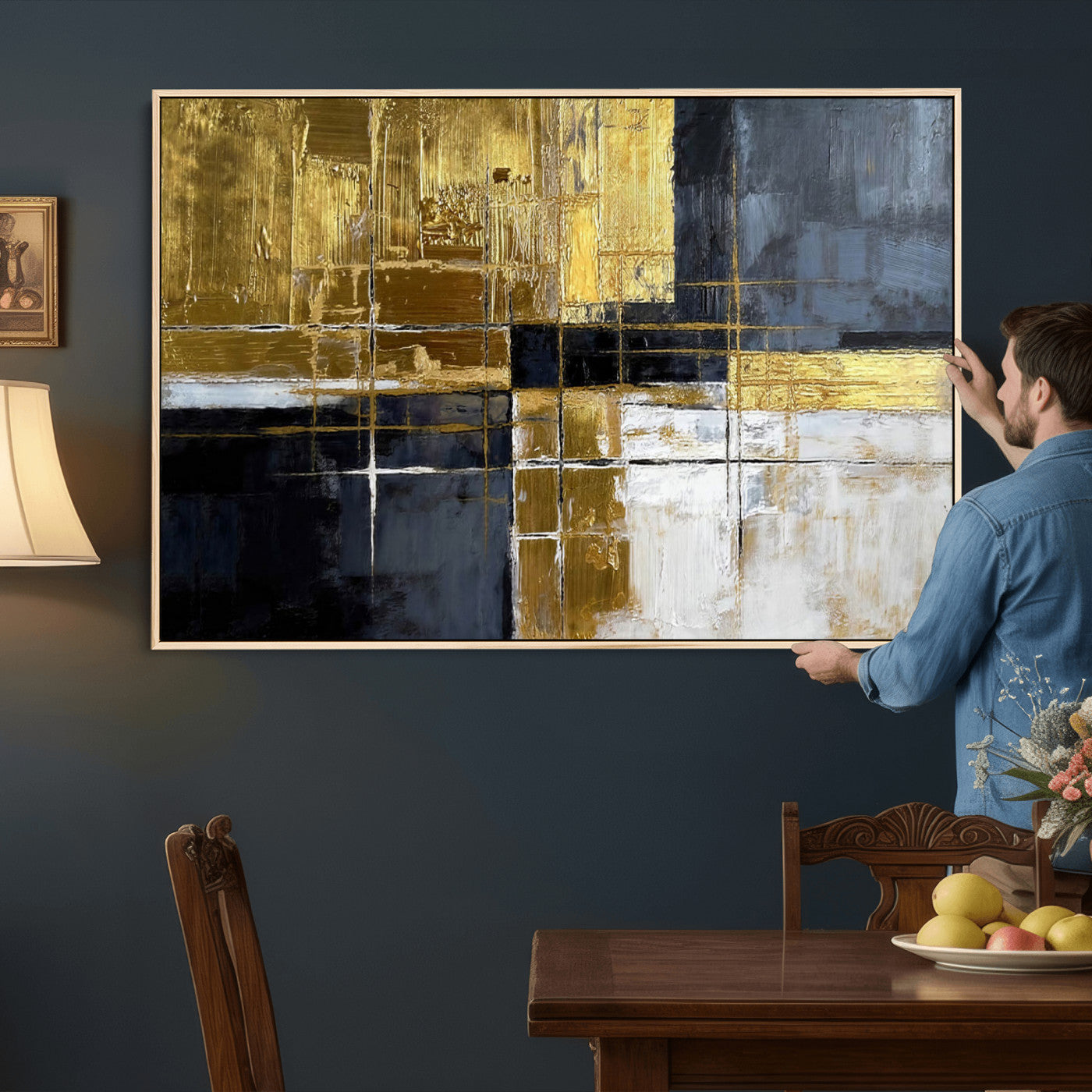 76917030-MGV-CV-36X24 - Gold Navy Abstract Wall Art Canvas Print, Modern Luxury Geometric Painting Wall Decor for Living Room and Office