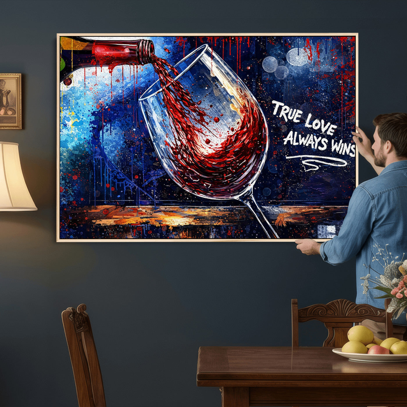 88788932-MGV-CV-36X24 - Red Wine Splash Abstract Wall Art Canvas Print, Modern Wine Glass Painting Canvas Print, Romantic Quote Contemporary Bar Art Print