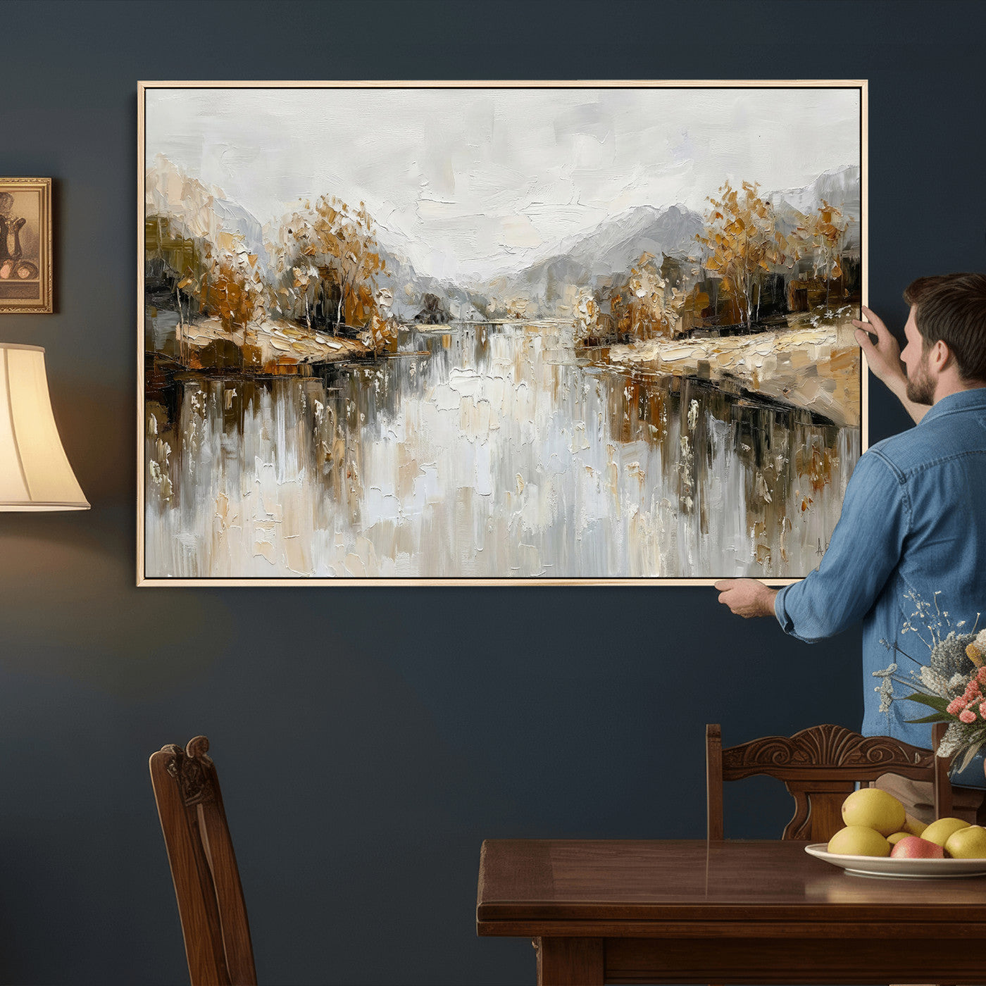 78227690-MGV-CV-36X24 - Neutral Abstract Lake Landscape Wall Art Canvas Print, Modern Minimal River Reflection Canvas Print, Beige Gray Contemporary Nature Art Printing