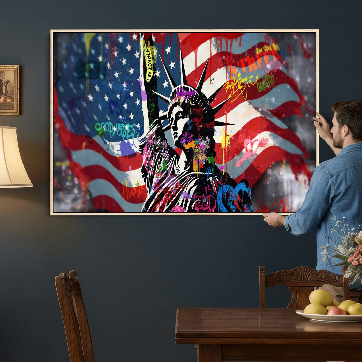 32151941-MGV-CV-36X24 - USA Statue of Liberty Graffiti Street Art Wall Art Canvas Print, American Flag Urban Pop Art Canvas Print, Modern Patriotic Street Art Contemporary Art Printing