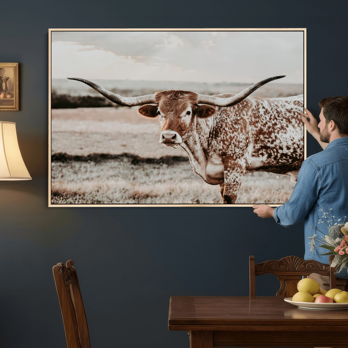 73897046-MGV-CV-36X24 - Texas Longhorn Bull Rustic Wall Art Canvas Print, Western Cattle Photography Canvas Print, Ranch Farm Animal Western Art Printing