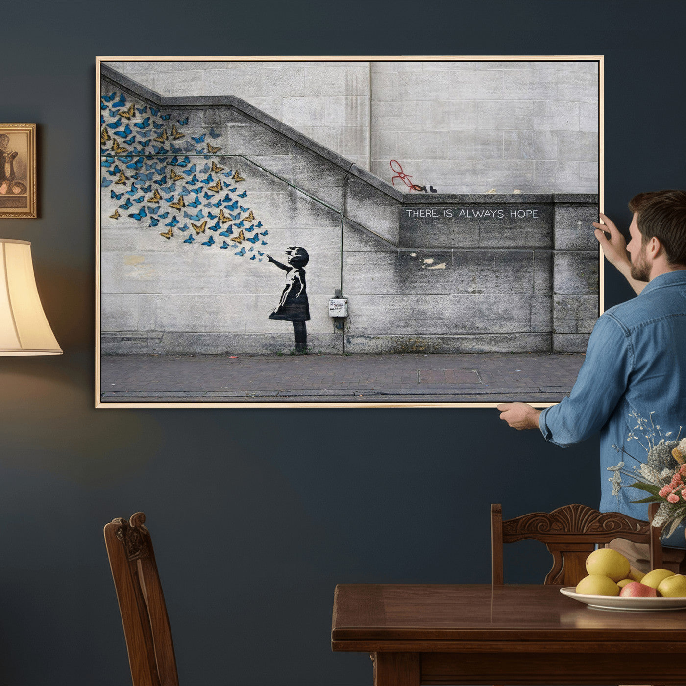 15274223-MGV-CV-36X24 - Banksy Girl with Butterflies Street Art Wall Art Canvas Print, Hope Graffiti Urban Art Canvas Print, Minimalist Inspirational Street Art Contemporary Art Printing