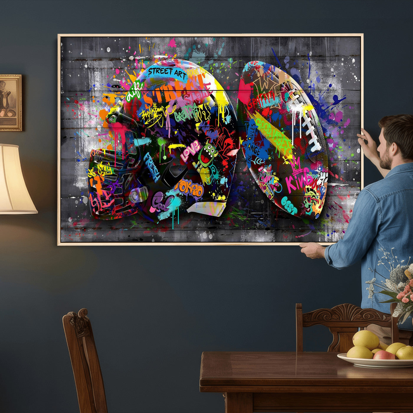 80540773-MGV-CV-36X24 - Graffiti American Football Helmet Street Art Wall Art Canvas Print, Urban Sports Pop Art Football Canvas Print, Colorful Graffiti Sports Contemporary Art Printing
