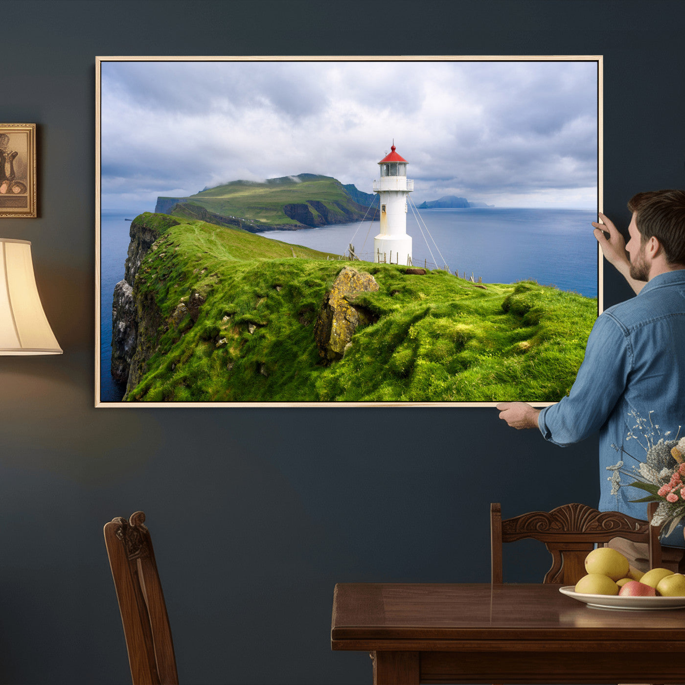 10680390-MGV-CV-36X24 - Coastal Lighthouse Wall Art Canvas Print, Cliffside Ocean Landscape Canvas Print, Scandinavian Coastal Decor for Living Room