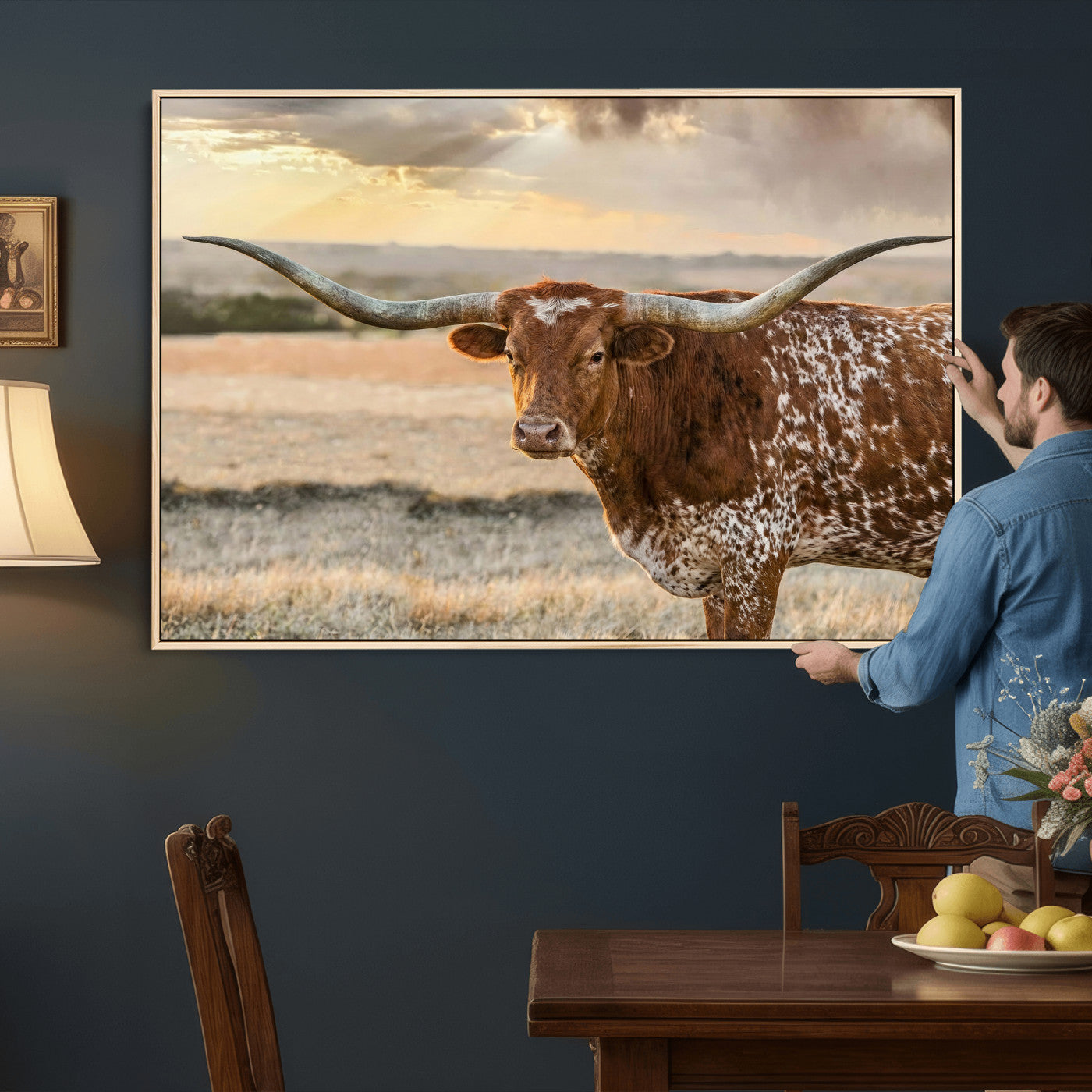 16502384-MGV-CV-36X24 - Texas Longhorn Wall Art Canvas Print, Western Ranch Bull Photography Canvas Print, Rustic Farmhouse Cattle Artwork for Living Room Decor