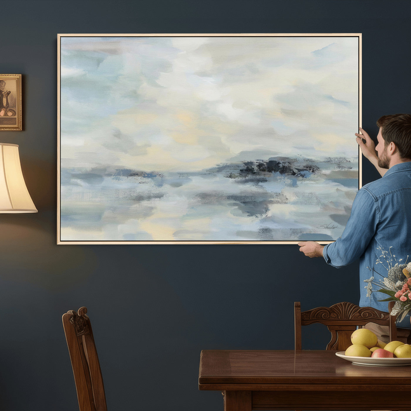 24647355-MGV-CV-36X24 - Abstract Coastal Landscape Wall Art Canvas Print – Soft Blue Gray Minimalist Painting