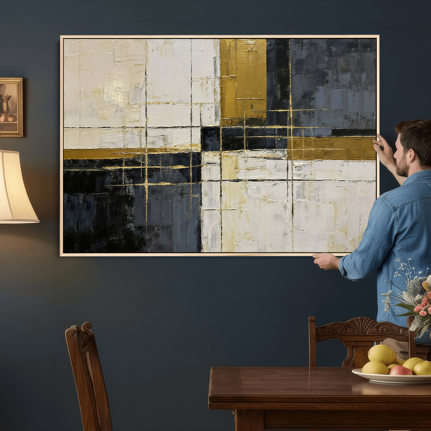36097945-MGV-CV-36X24 - Abstract Gold and Black Wall Art Canvas Print – Modern Geometric Neutral Artwork for Living Room Decor
