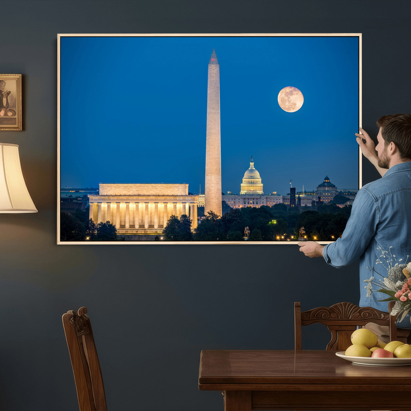 96712946-MGV-CV-36X24 - Washington DC Skyline Wall Art Canvas Print – Lincoln Memorial, Washington Monument and US Capitol Night Cityscape Artwork