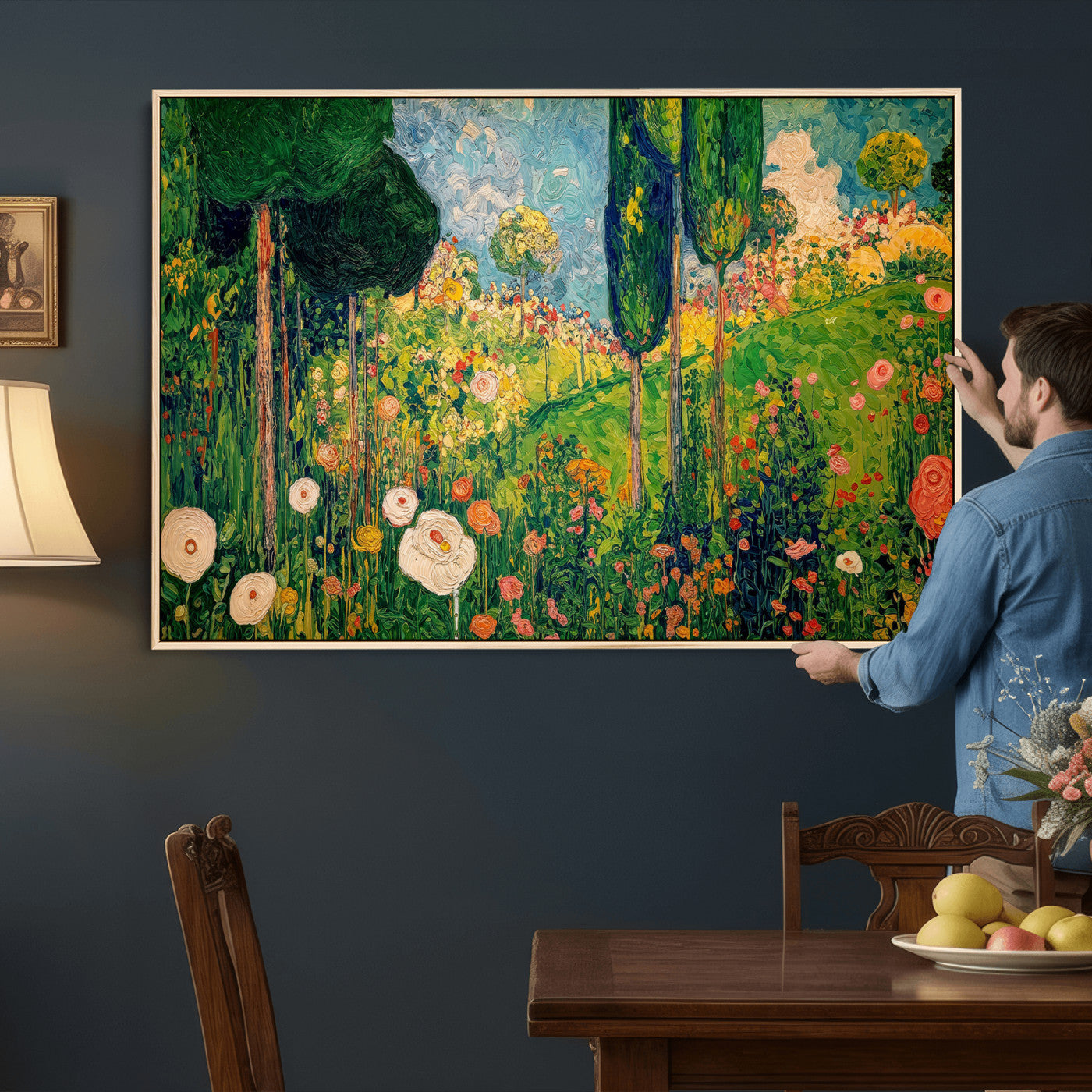 83517974-MGV-CV-36X24 - Gustav Klimt Boho Mountain Landscape Large Wall Art, Horizontal Gold Framed Canvas Print with Sun and Flowers