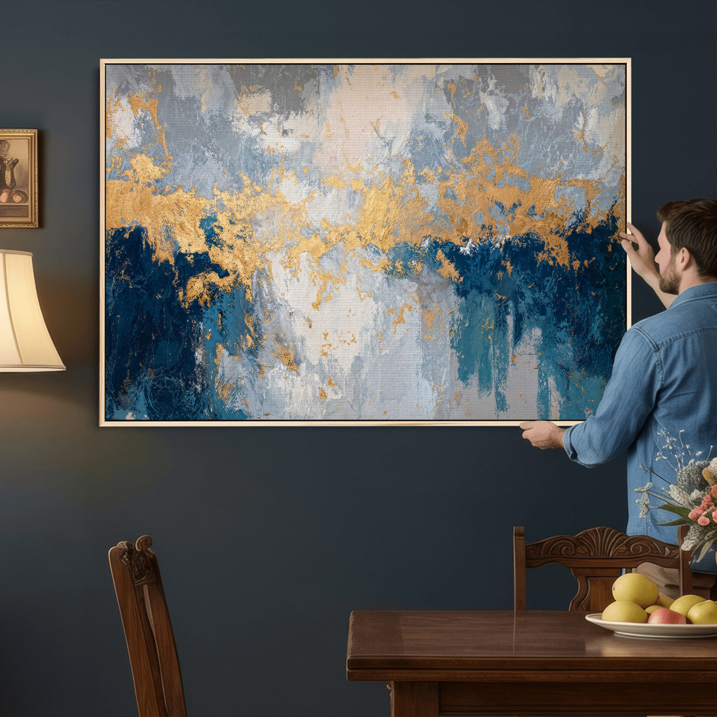65386119-MGV-CV-36X24 - Blue Gold Abstract Large Framed Canvas Wall Art, Modern Luxury Painting Print in Horizontal Oversized Minimal Wall Decor Artwork