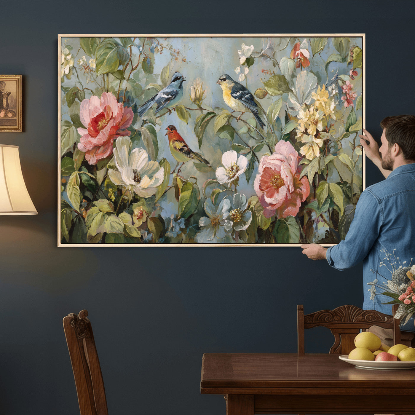 55440837-MGV-CV-36X24 - Vintage Birds and Flowers Wall Art Canvas Print, Botanical Bird Painting Canvas Print, Floral Garden Bird Artwork Canvas Print, Classic Bird Flower Painting Canvas Print
