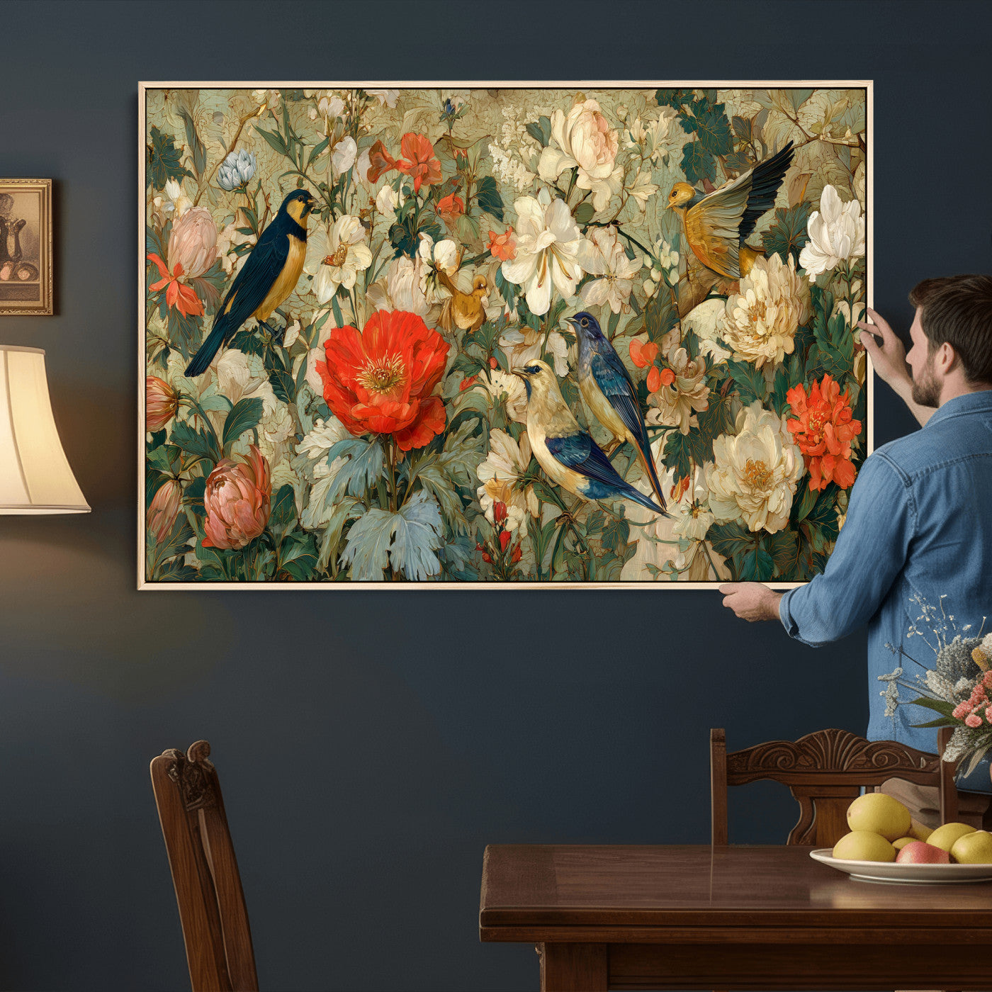 52904757-MGV-CV-36X24 - Vintage Birds and Flowers Wall Art Canvas Print, Botanical Bird Painting Canvas Print, Floral Garden Bird Artwork Canvas Print, Classic Bird Flower Painting Canvas Print