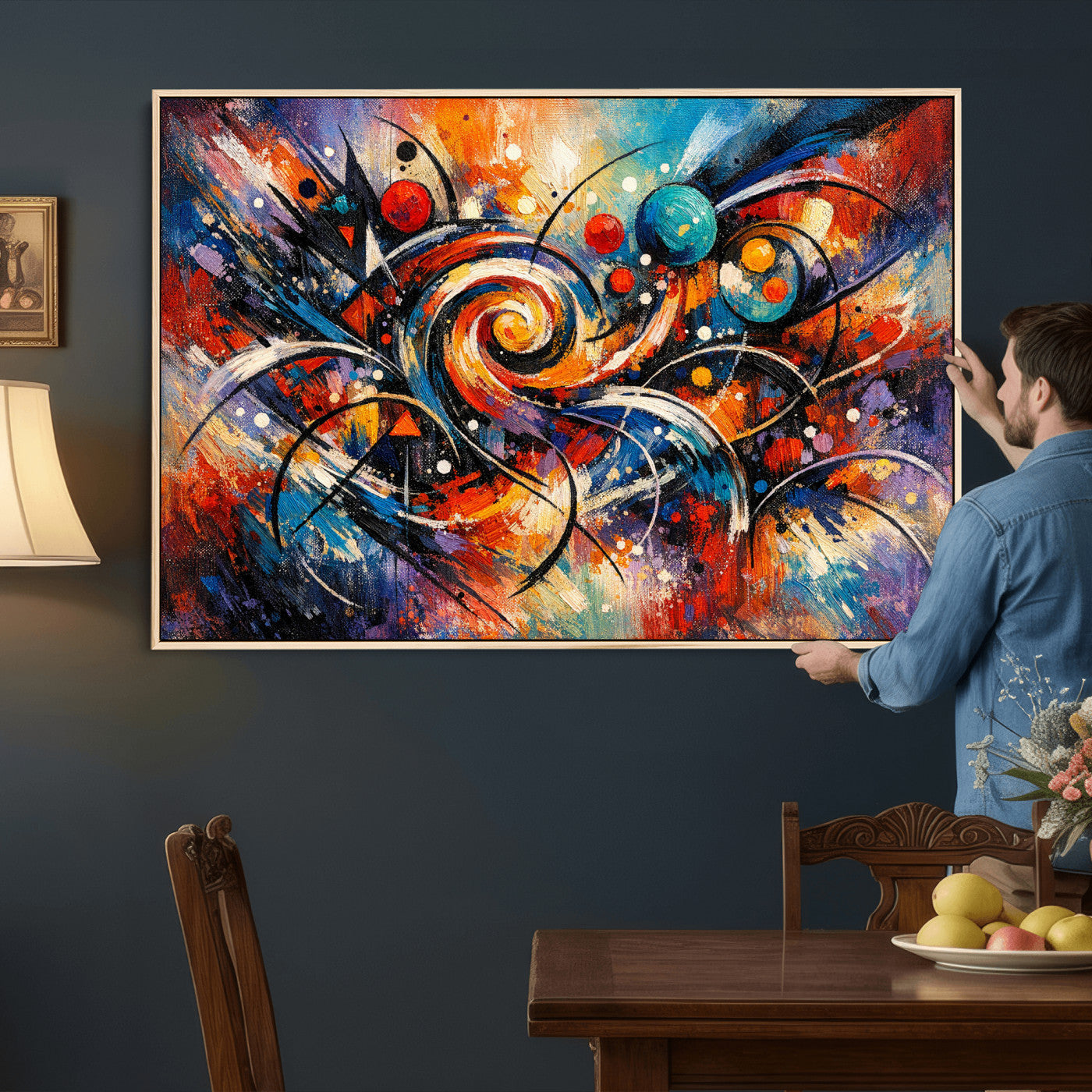 60193267-MGV-CV-36X24 - Geometric Abstract Wall Art Canvas Print, Orange Blue Abstract Expressionist Painting Print, Modern Geometric Abstract Canvas Art