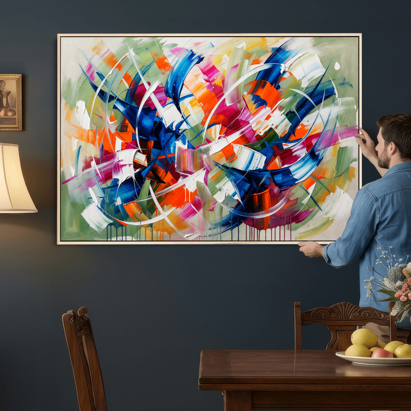 15032888-MGV-CV-36X24 - Geometric Abstract Wall Art Canvas Print, Orange Blue Abstract Expressionist Painting Print, Modern Geometric Abstract Canvas Art