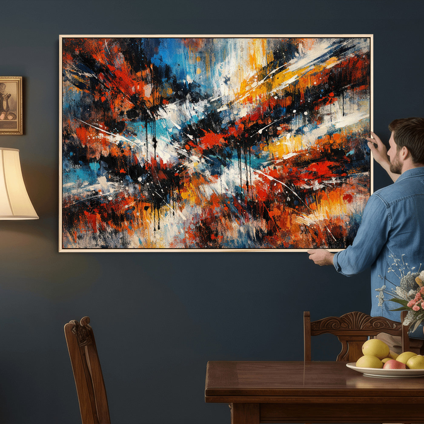 80276069-MGV-CV-36X24 - Geometric Abstract Wall Art Canvas Print, Orange Blue Abstract Expressionist Painting Print, Modern Geometric Abstract Canvas Art