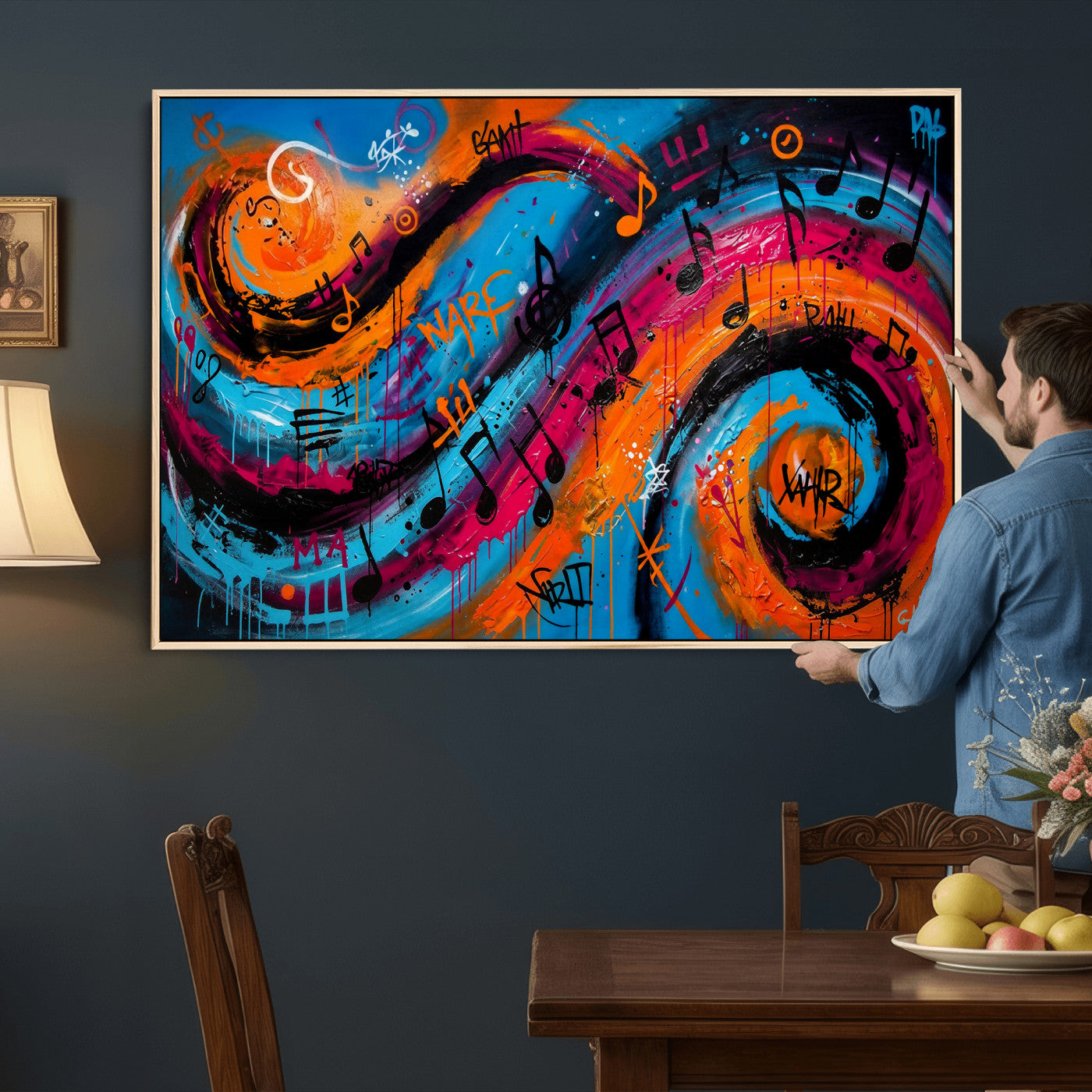 34936518-MGV-CV-36X24 - Geometric Abstract Wall Art Canvas Print, Orange Blue Abstract Expressionist Painting Print, Modern Geometric Abstract Canvas Art