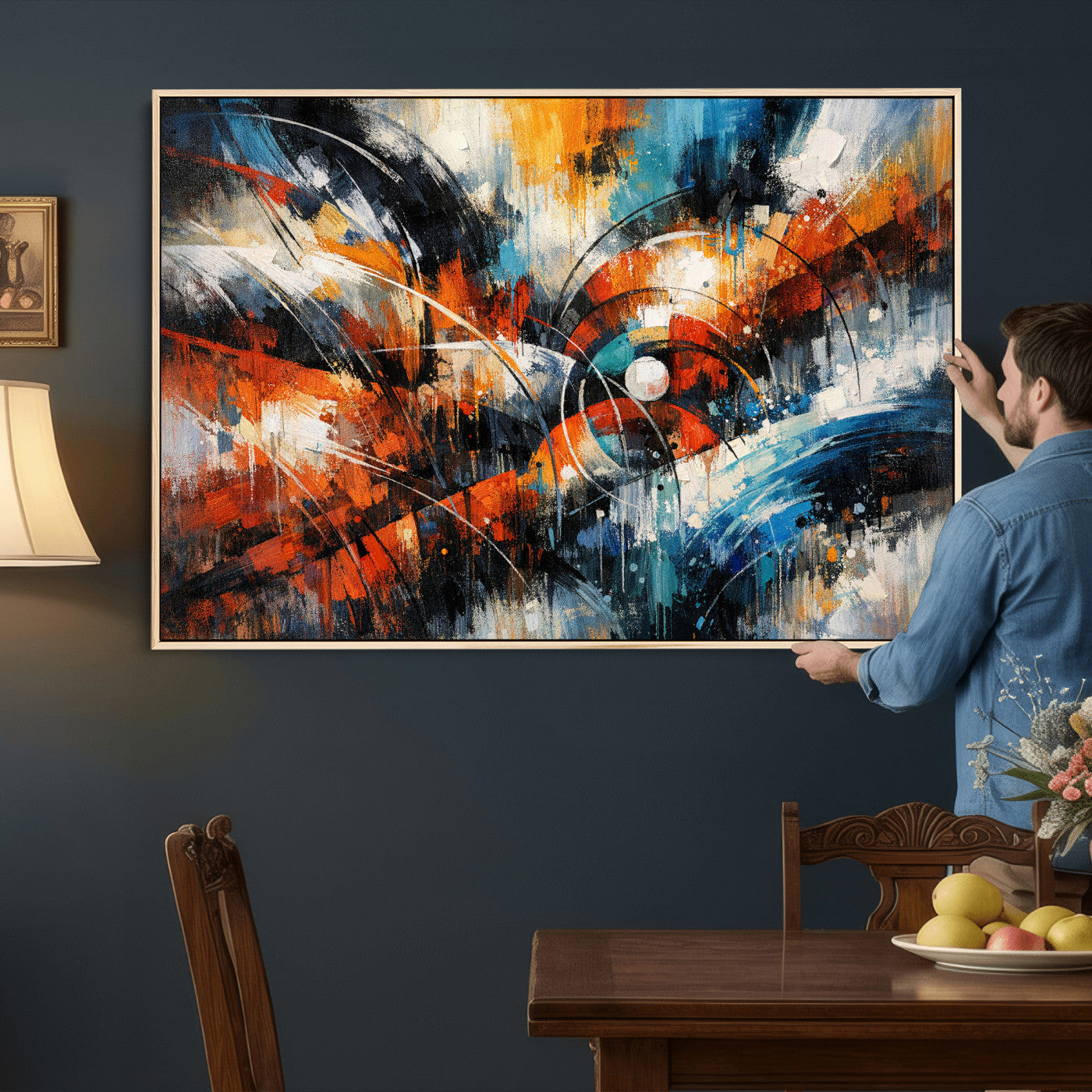 47120691-MGV-CV-36X24 - Geometric Abstract Wall Art Canvas Print, Orange Blue Abstract Expressionist Painting Print, Modern Geometric Abstract Canvas Art