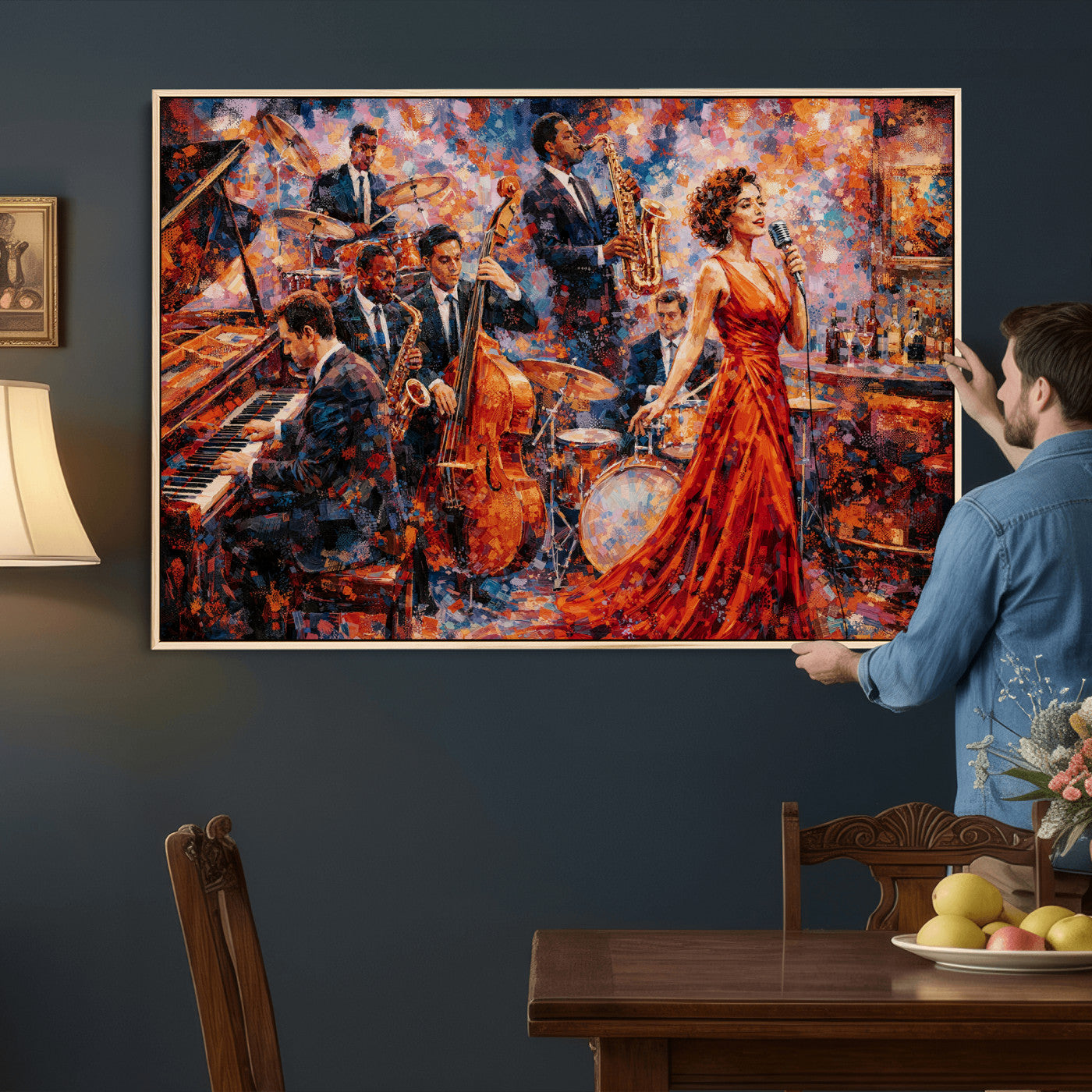 620930SF20-MGV-CV-36X24 - Jazz Band Canvas Wall Art — Jazz Club Singer Saxophone Print | Music Wall Decor | Bar Restaurant Art | Music Lover Gift | Jazz Home Decor