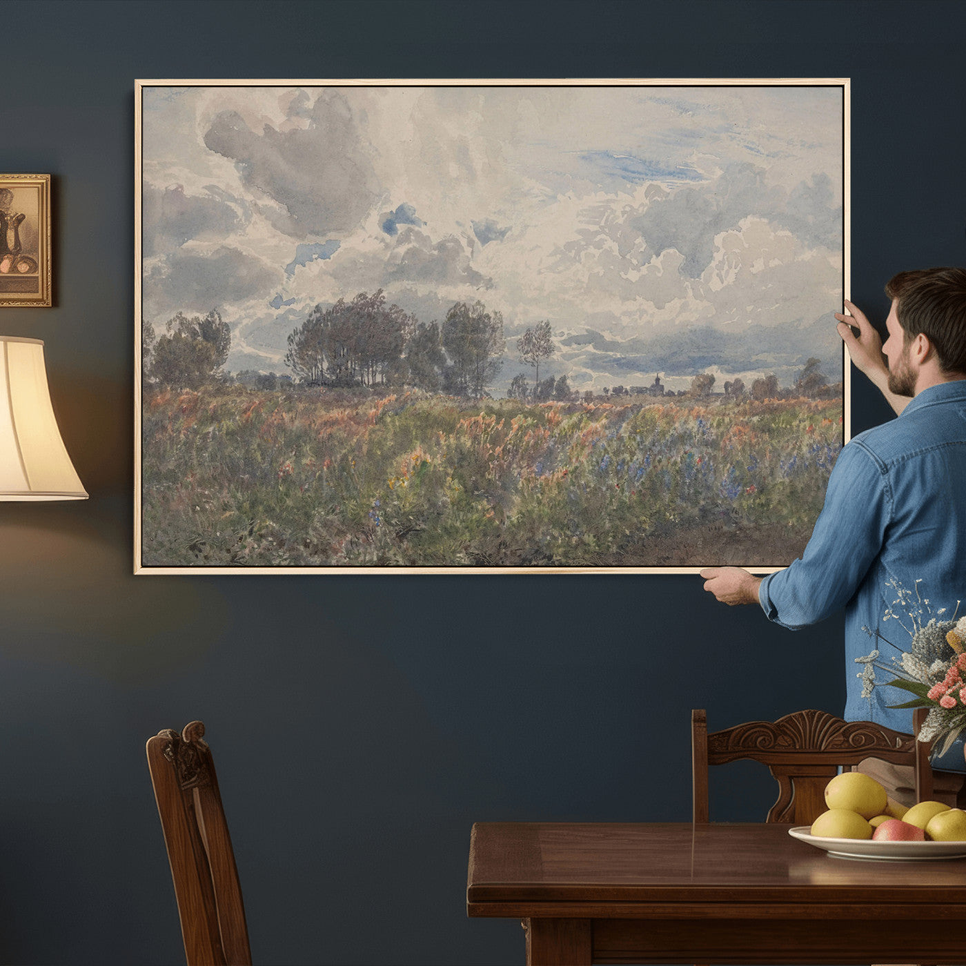 76626885-MGV-CV-36X24 - Vintage Watercolor Meadow Canvas Wall Art — English Pastoral Wildflower Storm Sky Print | Cottagecore Nature Decor | Classic Landscape Gift