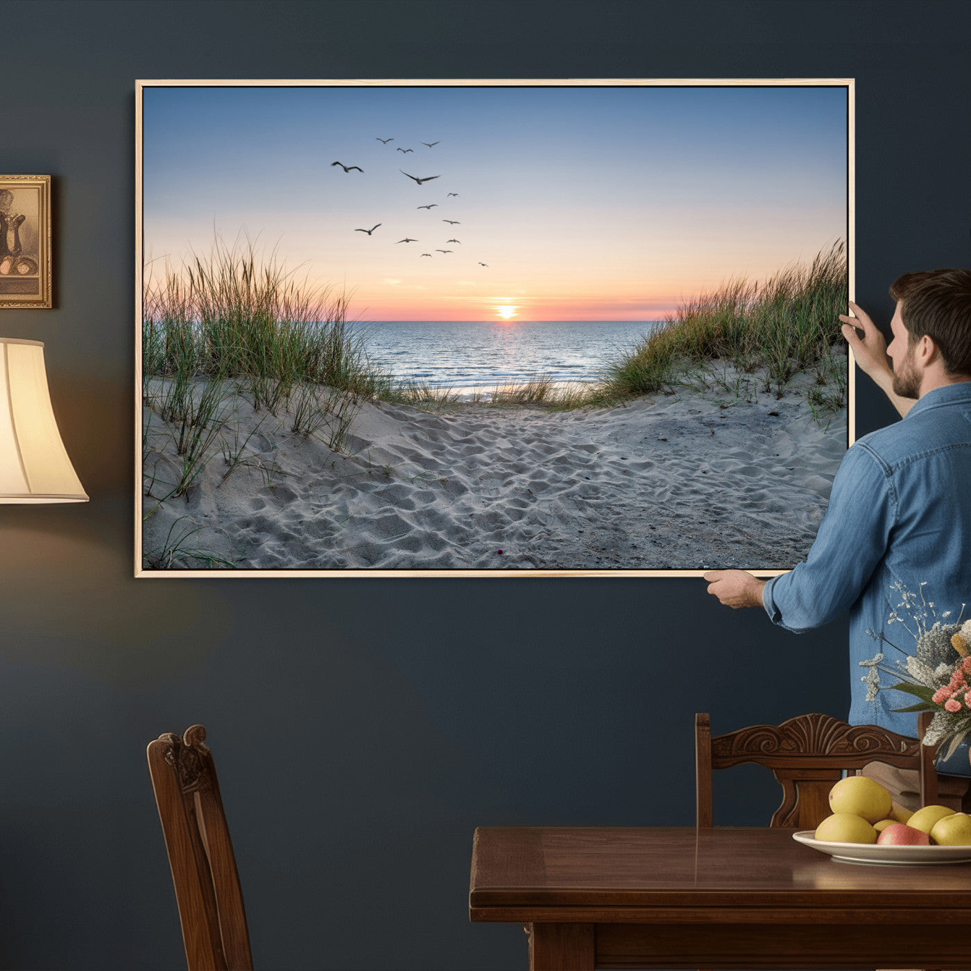 12172032-MGV-CV-36X24 - Sandy Dune Path Sunset Canvas Wall Art — Seagulls Beach Ocean Photography Print | Coastal Home Decor | Nautical Wall Art | Beach House Gift