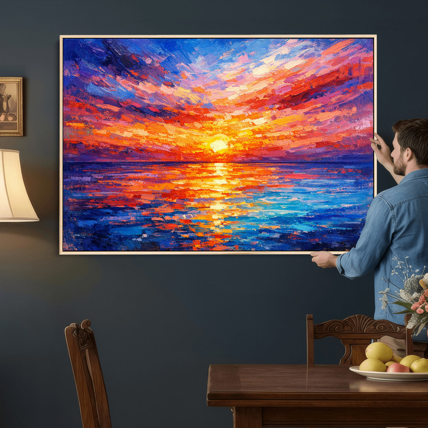54915078-MGV-CV-36X24 - Colorful Knife Ocean Sunset Canvas — Orange Pink Teal Expressionist Sea Print | Colorful Coastal Wall Art | Vibrant Beach Decor Gift