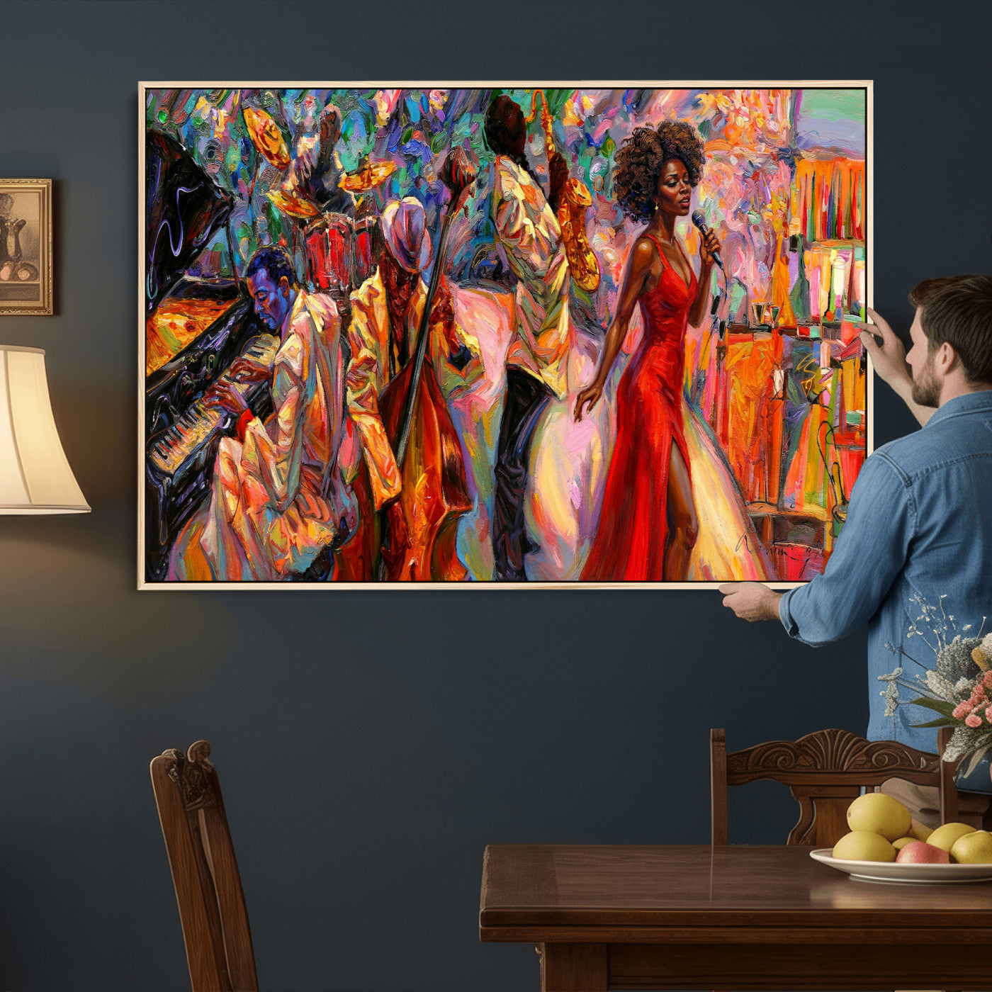 72615137-MGV-CV-36X24 - African American Jazz Singer Canvas Art - Red Dress Black Woman Music Print | Colorful Jazz Band Wall Decor | Living Room Gift for Her