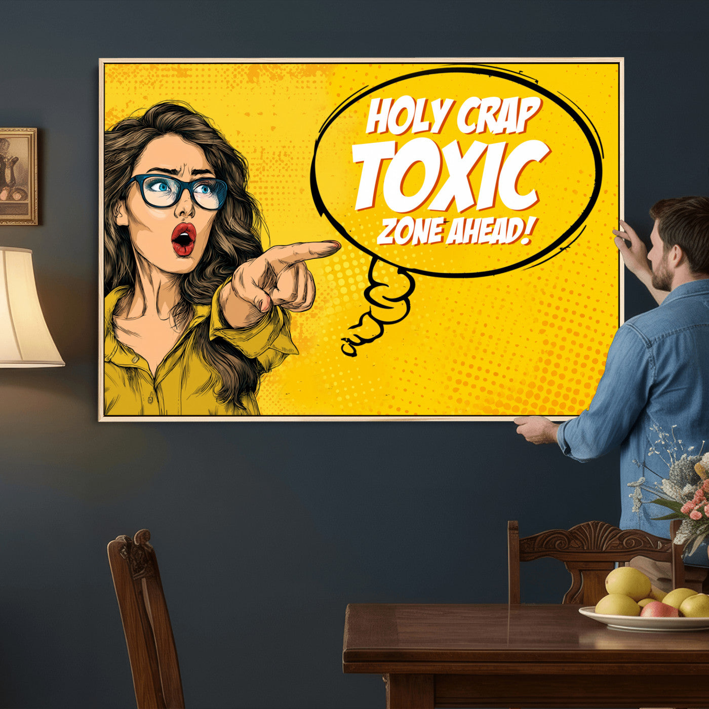 79751885-MGV-CV-36X24 - Pop Art Print Bathroom Sign Wall Art Canvas Print — Funny Bathroom Canvas | Comic Style Toilet Wall Decor | Humor Gift | Yellow Bold Bathroom Art