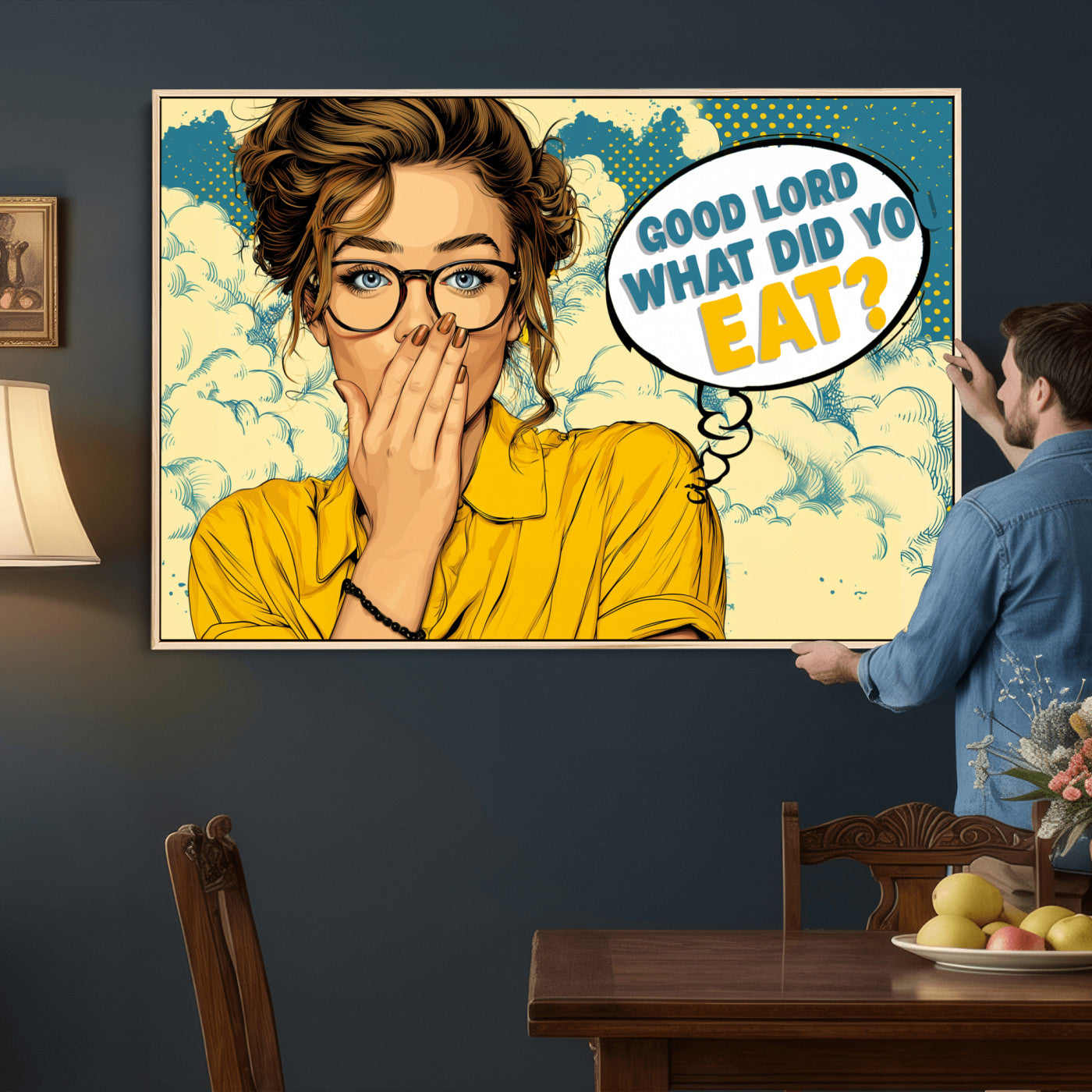 35819669-MGV-CV-36X24 - Pop Art Print Bathroom Sign Wall Art Canvas Print — Funny Bathroom Canvas | Comic Style Toilet Wall Decor | Humor Gift | Yellow Bold Bathroom Art