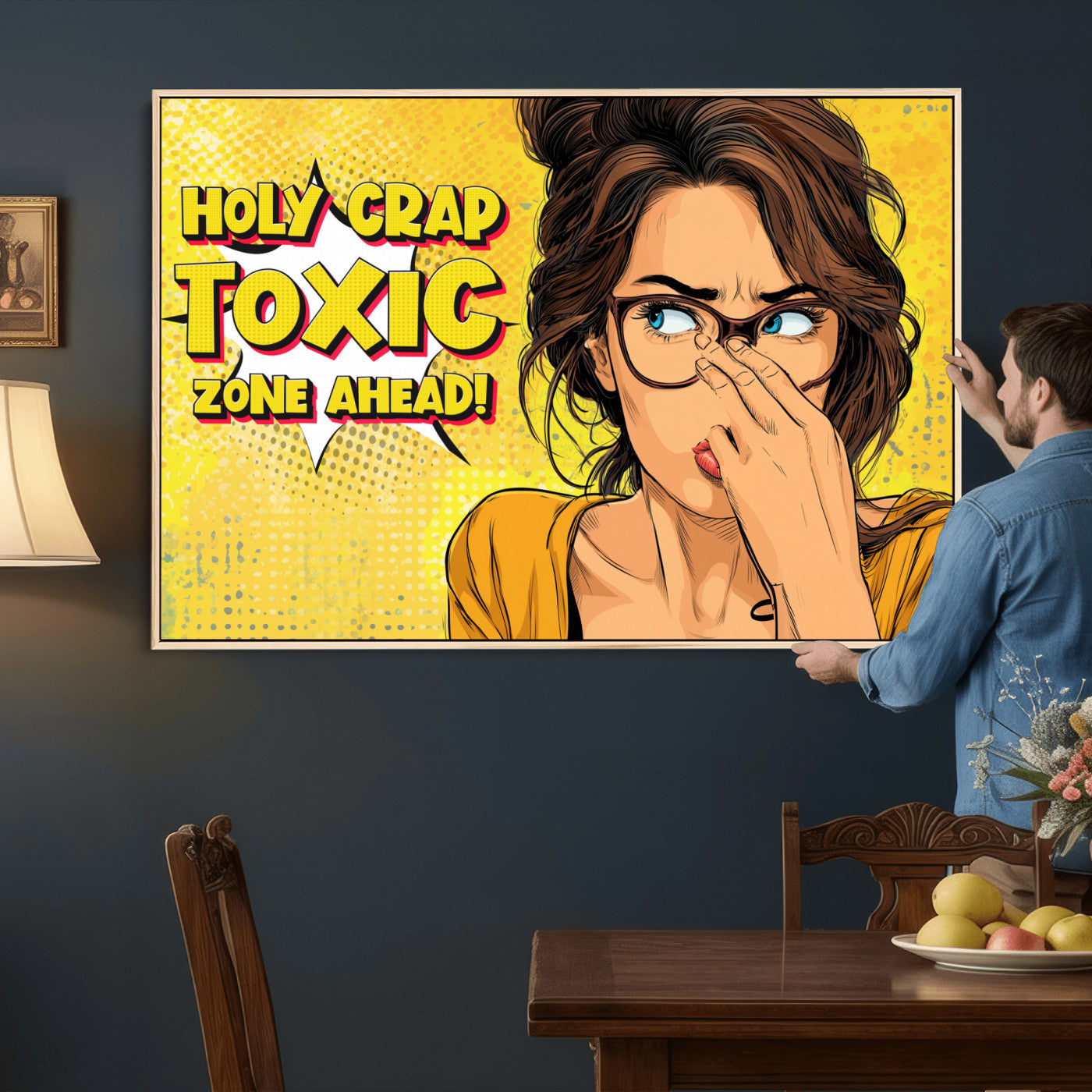 96263876-MGV-CV-36X24 - Pop Art Print Bathroom Sign Wall Art Canvas Print — Funny Bathroom Canvas | Comic Style Toilet Wall Decor | Humor Gift | Yellow Bold Bathroom Art