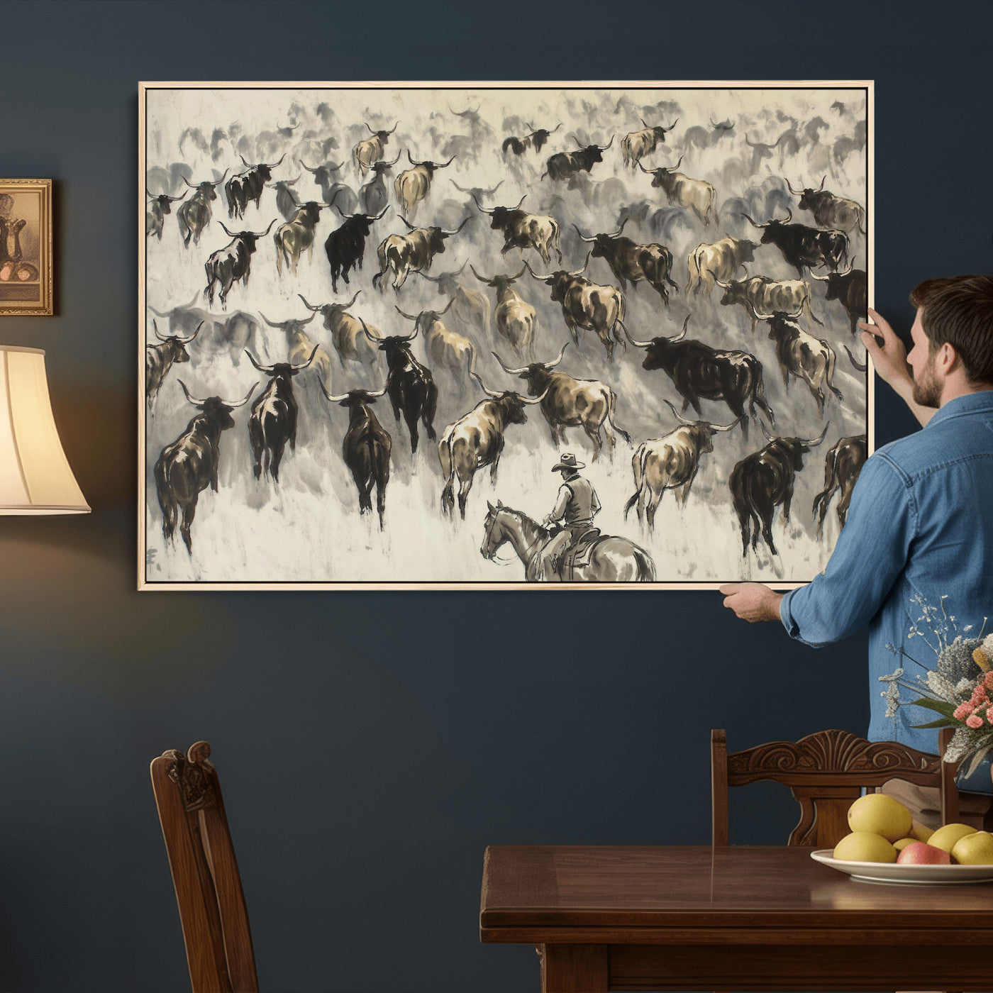 48049876-MGV-CV-36X24 - Cowboy Cattle Drive Canvas Wall Art, Western Longhorn Herd Ink Painting Print, Ranch Rodeo Decor, Black White Western Art, Large Living Room Art