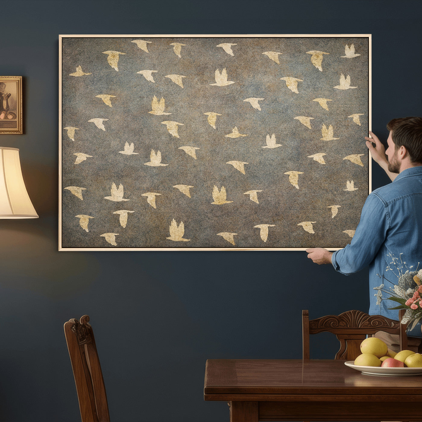 74076164-MGV-CV-36X24 - Flying Birds Canvas Wall Art, Vintage Bird Flock Pattern Print, Grey Gold Abstract Nature Decor, Rustic Bird Silhouette Art, Boho Living Room Decor