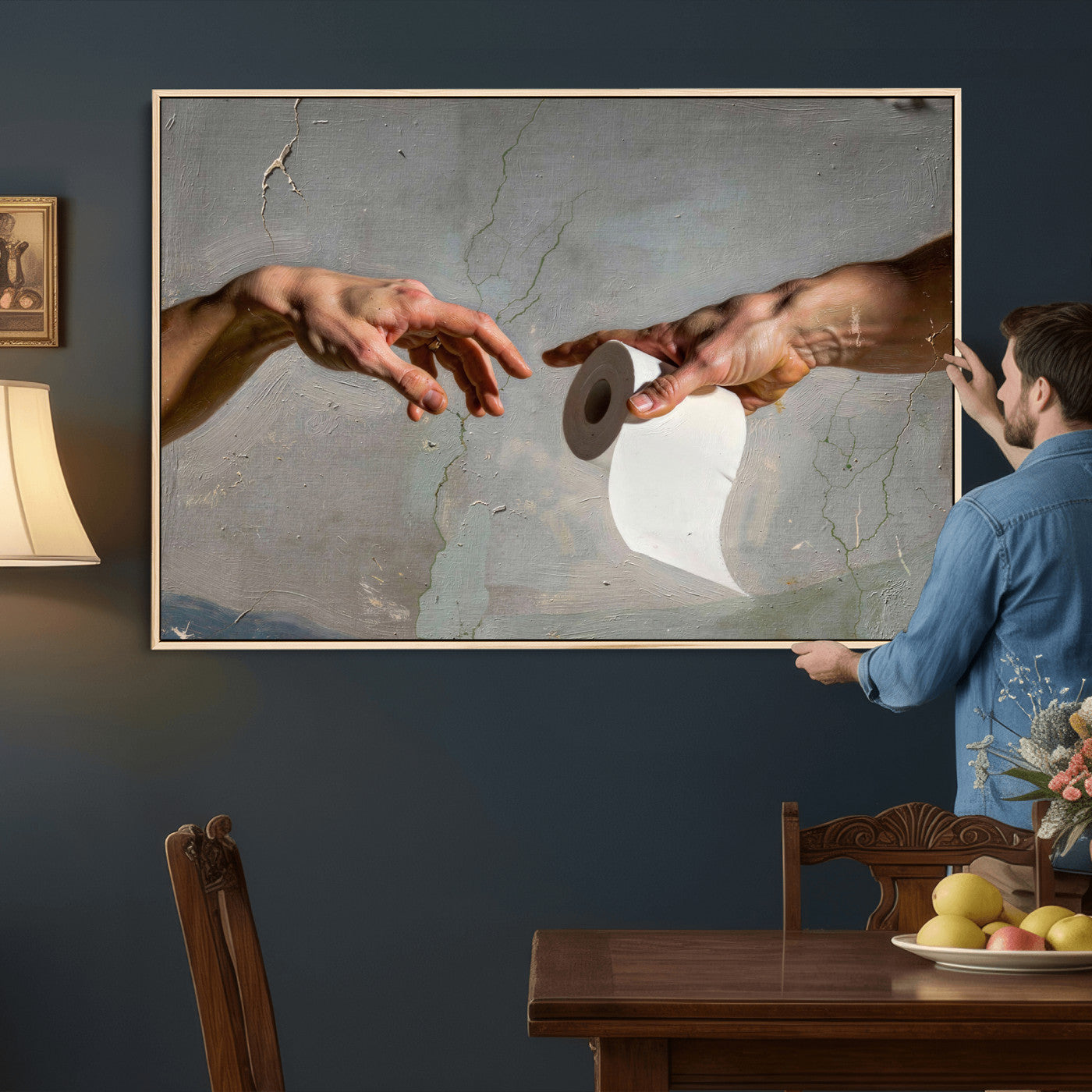 72030048-MGV-CV-36X24 - Funny Bathroom Wall Art Canvas, Creation of Toilet Paper Parody Print, Renaissance Humor Decor, Toilet Room Art, Quirky Housewarming Gift, Classic Art Spoof