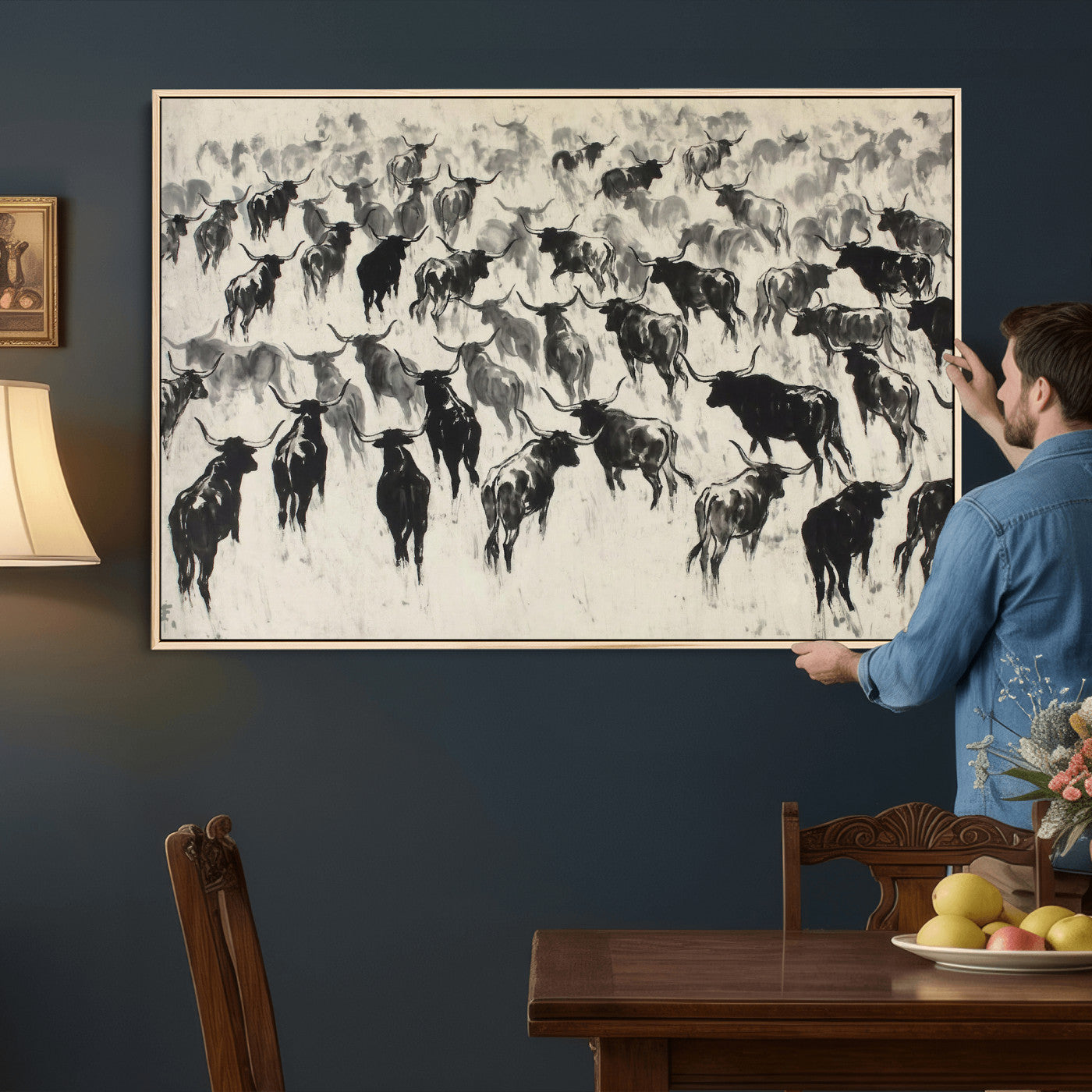 68669792-MGV-CV-36X24 - Longhorn Cattle Canvas Wall Art, Black White Stampede Ink Painting Print, Western Farmhouse Decor, Bull Herd Art, Large Living Room Wall Art, Ranch Home Decor