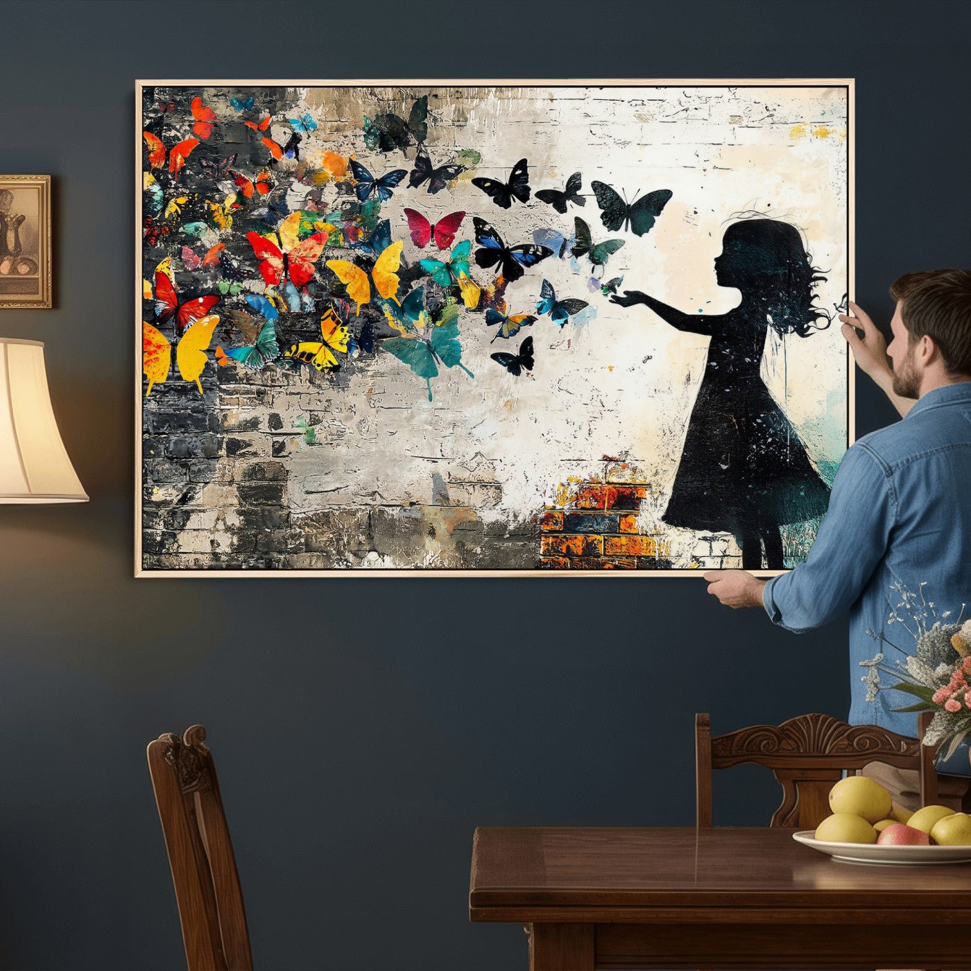33909022-MGV-CV-36X24 - Banksy Butterfly Girl Wall Art Canvas Print, Framed Street Art Silhouette Graffiti Artwork, Colorful Butterfly Wall Decor for Living Room Bedroom Office