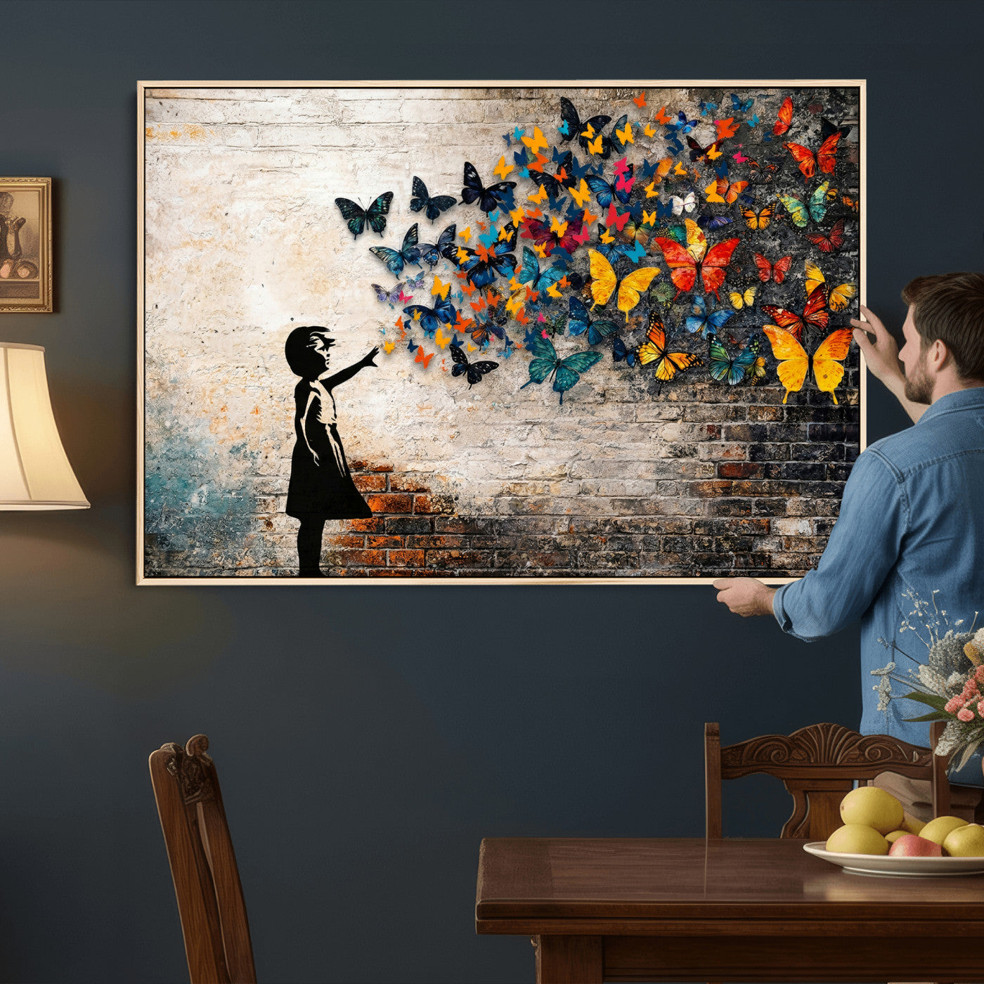 78760384-MGV-CV-36X24 - Banksy Graffiti Butterfly Girl Wall Art Canvas Print, Framed Street Art Canvas Print, Silhouette Butterfly Wall Art for Living Room Bedroom Office