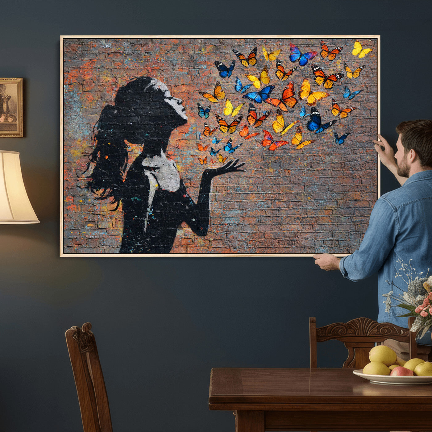 10555939-MGV-CV-36X24 - Urban Banksy Butterfly Girl Wall Art Canvas Print, Framed Street Art Canvas Print, Graffiti Silhouette Butterfly Wall Art for Living Room Bedroom Office