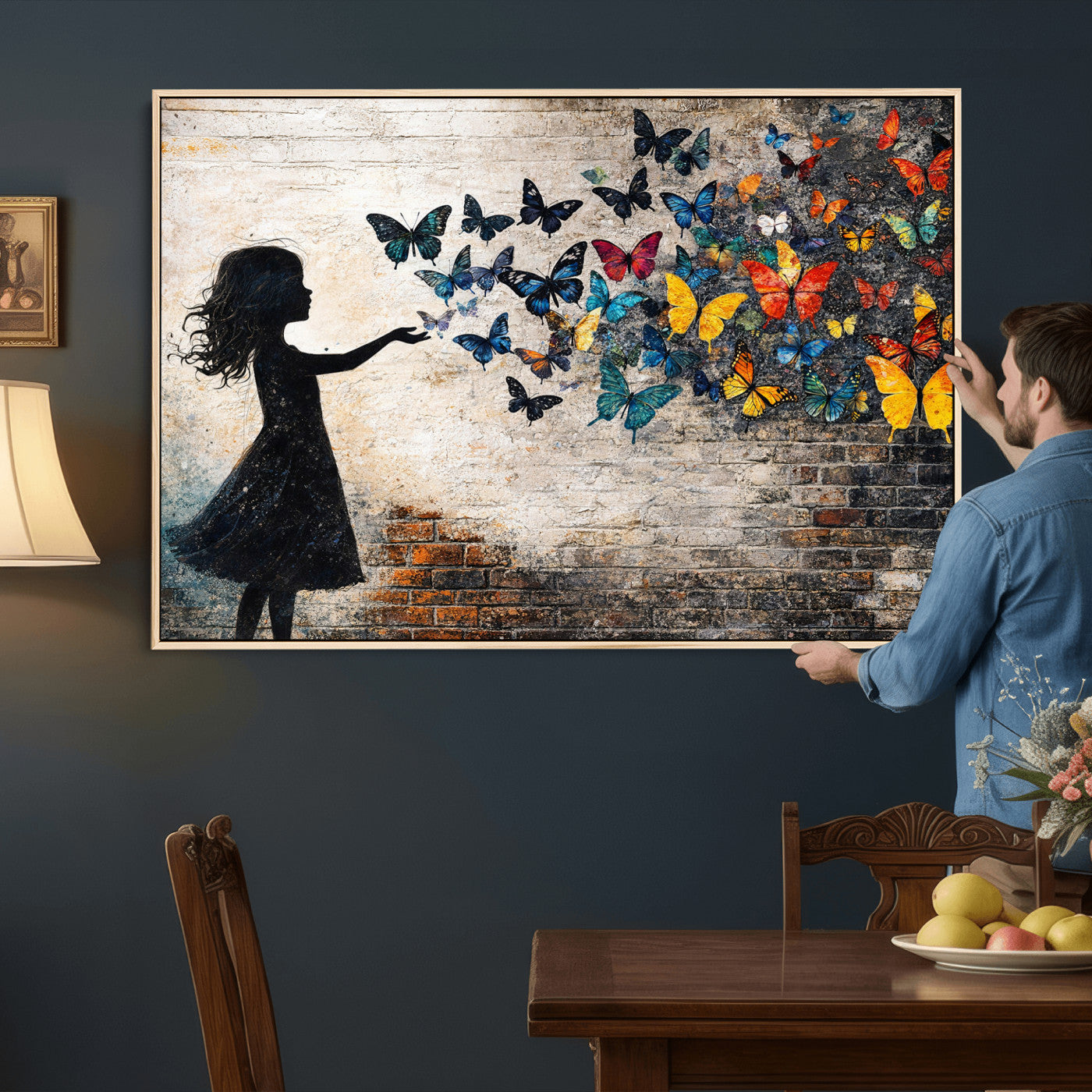 70522594-MGV-CV-36X24 - Banksy Butterfly Girl Wall Art Canvas Print, Framed Street Art Canvas Print, Graffiti Silhouette Butterfly Wall Art for Living Room Bedroom Office