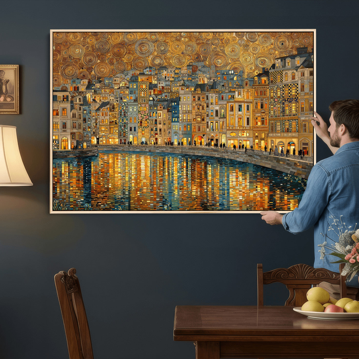 94022787-MGV-CV-36X24 - Gustav Klimt Golden Cityscape Wall Art Canvas Print, Framed River Town Landscape Artwork, Ornate Architecture Wall Decor for Living Room Bedroom Office