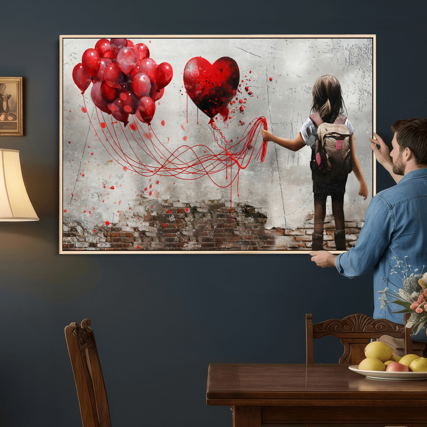 2162830T-MGV-CV-36X24 - Girl Graffiti Wall Art Canvas Print, Red Balloon Heart Street Art, Urban Love Artwork for Living Room Bedroom Hallway Office, Modern Abstract Canvas Wall Decor Home Decor