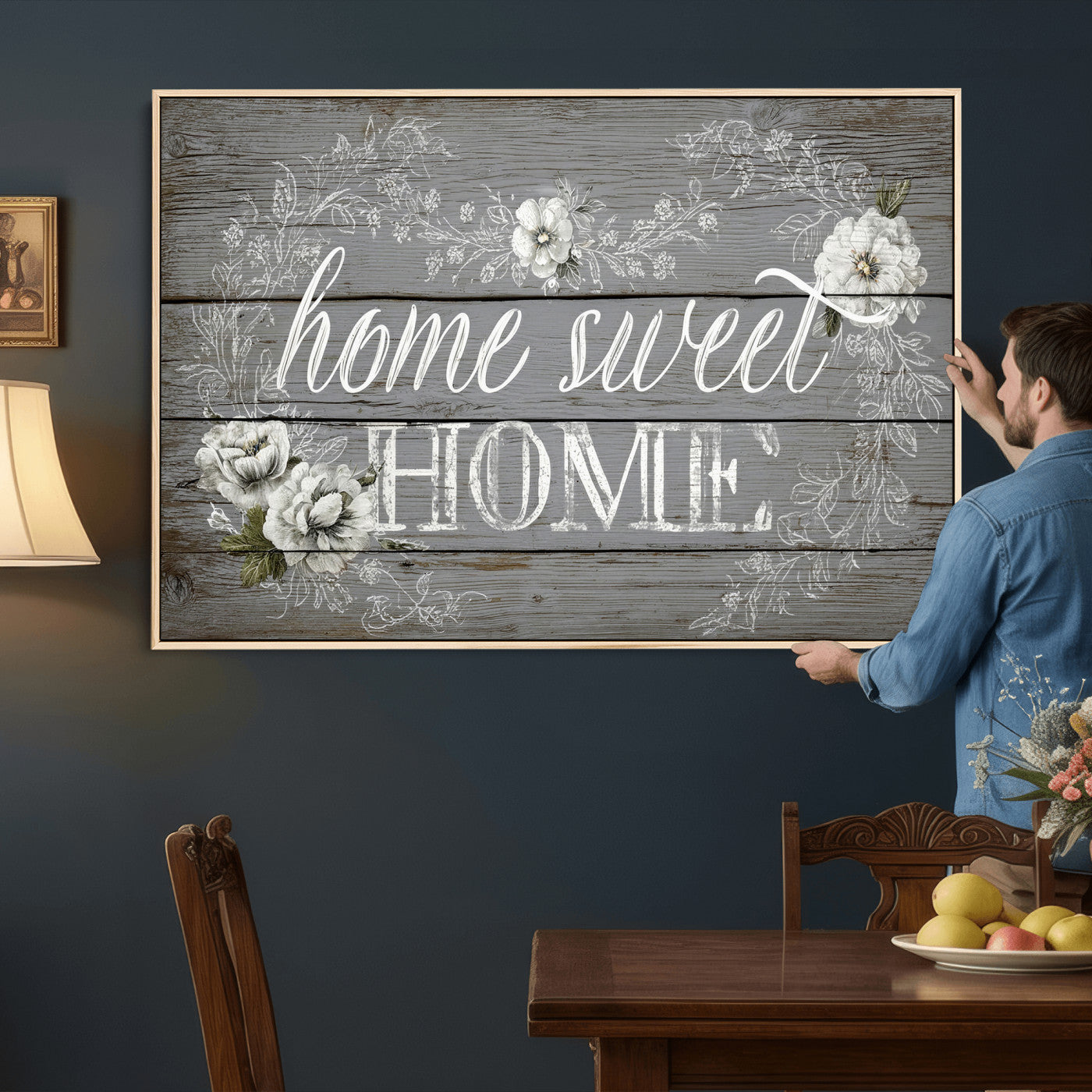 42160089-MGV-CV-36X24 - Home Sweet Home Sign Wall Art Canvas Print, Floral Farmhouse Sign, Rustic Neutral Entryway Bedroom Living Room Decor