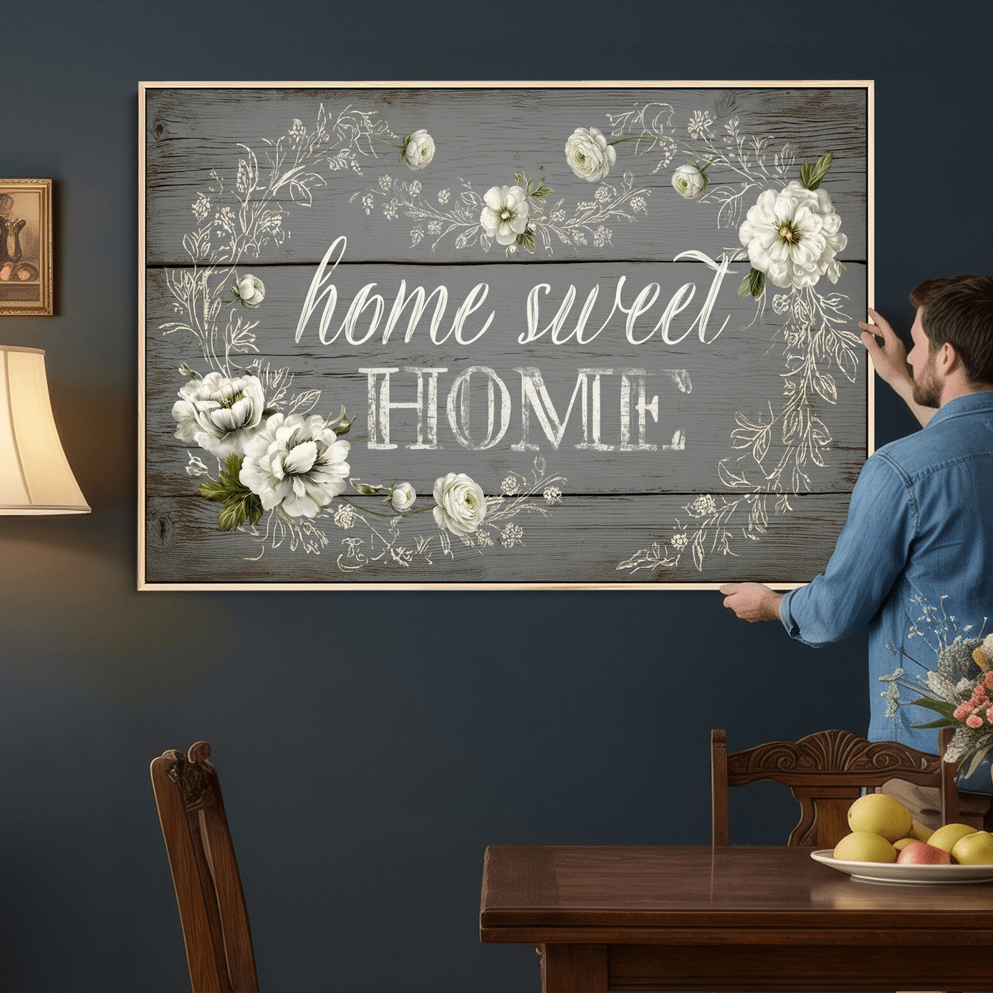 32056075-MGV-CV-36X24 - Home Sweet Home Wall Art Canvas Print, Floral Farmhouse Sign, Rustic Neutral Entryway Bedroom Living Room Decor