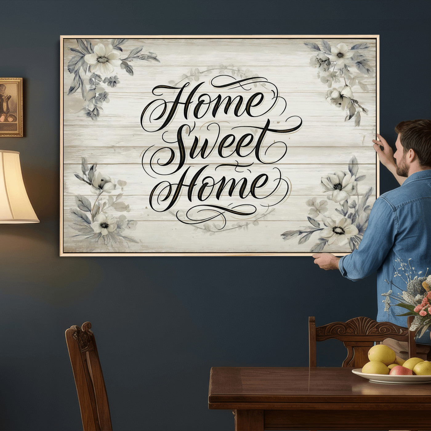 11120405-MGV-CV-36X24 - Home Sweet Home Wall Art Canvas Print, Floral Farmhouse Sign, Rustic Neutral Entryway Bedroom Living Room Decor
