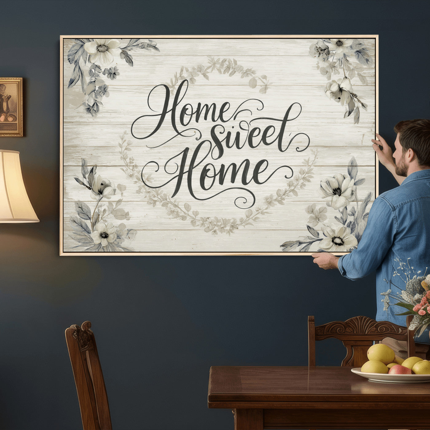 81157008-MGV-CV-36X24 - Home Sweet Home Wall Art Canvas Print, Floral Farmhouse Sign, Rustic Neutral Entryway Bedroom Living Room Decor